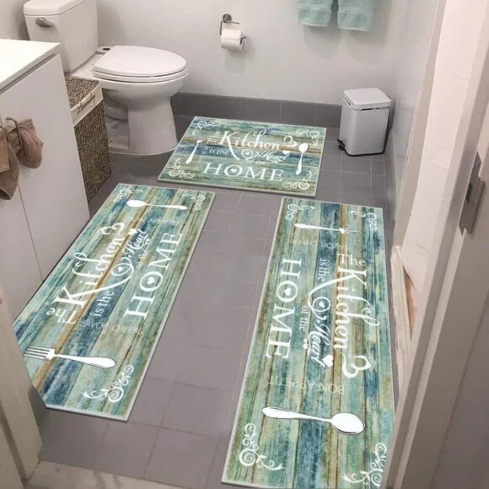 New 3-Piece Boho Kitchen Rug Set, Washable, Non-Slip Mats for Floor, Teal/Brown